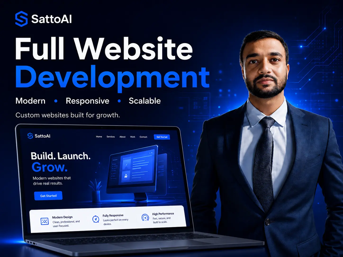 SattoAI full website development service preview with responsive website layout and business growth messaging